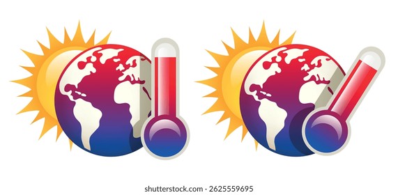 Global warming. Thermometer planet earth and sun. Vector illustration