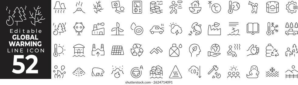 Global Warming Thin Line Icon Set – Climate Change, Environment, Awareness