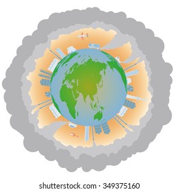 Global warming and various building, image illustration