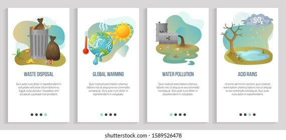 Global warming vector, acid rains and harmful substances, garbage disposal heat and hot temperature with melting planet, water pollution. Website or slider app, landing page flat style