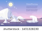 Global warming vector banner template. North Pole, melting glaciers, penguins and polar bear on ice floe flat illustration with text space. Climate change, sea level rise, nature damage