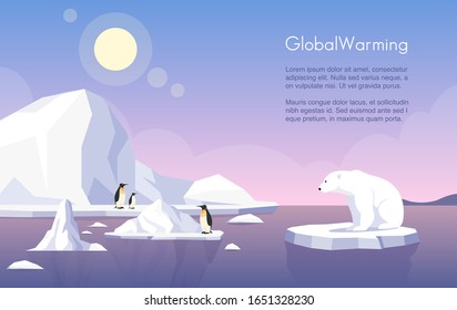 Global warming vector banner template. North Pole, melting glaciers, penguins and polar bear on ice floe flat illustration with text space. Climate change, sea level rise, nature damage