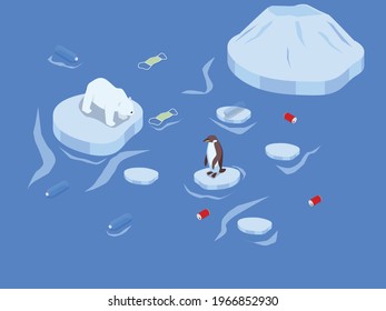 Global warming vector concept. Polar bear and penguin standing on melting glacier ice with plastic trash pollution floating on ocean