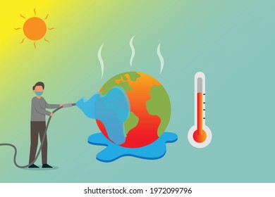 Global Warming Vector Concept: Young Man Watering Hot Globe With Temperature While Wearing Face Mask