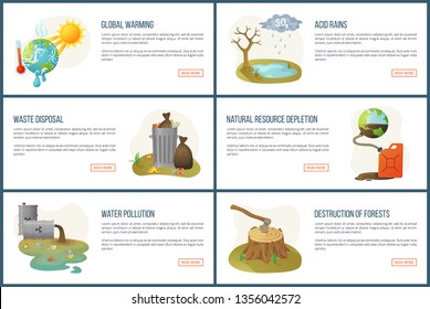 Global warming vector, environmental problems and issues, resource depletion, waste in cans, heat of sunshine and water pollution, deforestation. Website landing page flat style. Concept for Earth day
