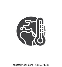 Global warming vector icon. Earth with thermometer filled flat sign for mobile concept and web design. Temperature of earth planet glyph icon. Symbol, logo illustration. Pixel perfect vector graphics