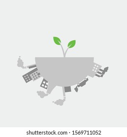 global warming vector icon industrial pollution and car gas emission with a plant on globe