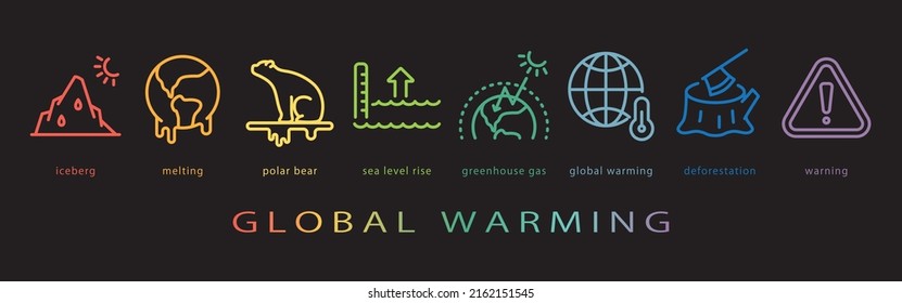 Global warming vector icon set. neon color on black background.