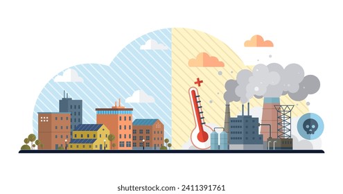 Ilustración del vector del calentamiento global. Ballet atmosférico, baile entre pureza y contaminación, se despliega en el teatro calentamiento global Guardianes ecológicos, héroes no reconocidos conservación ambiental, se mantienen firmes