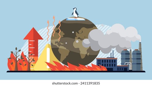 Ilustración del vector del calentamiento global. Dióxido de carbono, presagio del cambio climático, susurros sobre el malestar ambiental en el aire El calentamiento global, el drama en desarrollo, muestra la batalla entre la humanidad