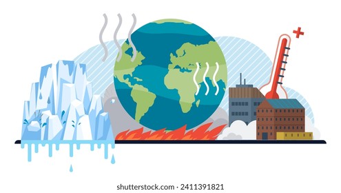 Ilustración del vector del calentamiento global. Crisis climática, capítulo turbulento en el entorno narrativo, se desarrolla bajo peso calentamiento global Daños ambientales, cicatrices dejadas por actividades humanas, pintar un panorama sombrío