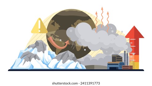 Global warming vector illustration. Environmental conservation is shield, protecting fragile ecosystem from arrows co2 emissions Co2, silent intruder in atmosphere, weaves narrative global warming