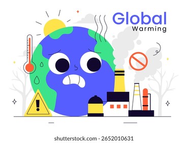 Global Warming Vector Illustration Featuring a Melting or Burning Planet Earth and Thermometer, Raising Awareness to Prevent Environmental Damage