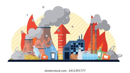 Global warming vector illustration. Greenhouse gas, puppeteer climate change, pulls strings in theatrical performance global warming Global warming metaphor is mural, each stroke telling tale