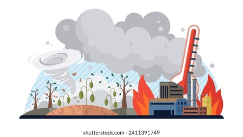 Global warming vector illustration. Global warming metaphor is mural, each stroke telling tale humanitys influence on environment Ecology, sentinel environment, watches over unfolding drama global