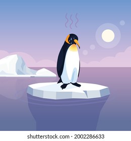 Global warming vector illustration. Penguin on ice floe flat illustration, sea level rise, nature damage.