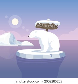 Global Warming Vector Illustration. Polar Bear On Ice Floe Flat Illustration, Sea Level Rise, Nature Damage.