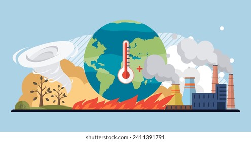 Global warming vector illustration. Global warming, unfolding drama, showcases battle between humanity and ecological equilibrium Climate crisis, turbulent chapter in story environment, unfolds