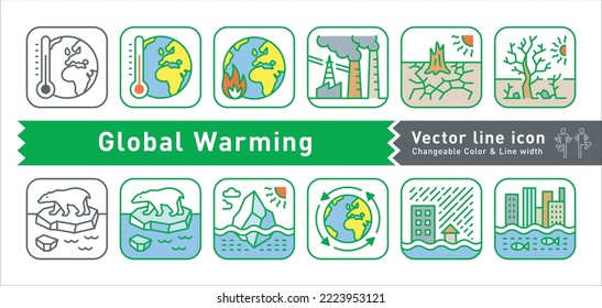 Global Warming. Vector line icon. Designed with illustrations on the subject of global warming.