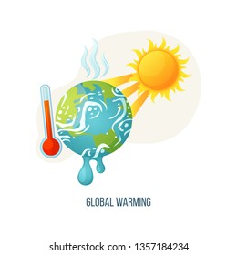 Global warming vector, planet with vapors and melting ground surface, thermometer with scale showing red color, sunshine and heat of sun ecology poster. Concept for Earth day