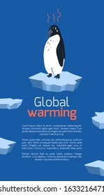 Global warming. Vertical card with cartoon doodle illustration of sad penguin on melting cracked ice. World problem. The threat of extinction of rare animals. Vector template for banner, articles 