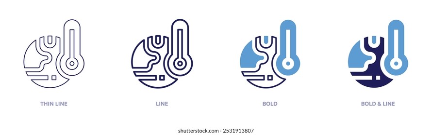 Icono de calentamiento global y Clima en 4 estilos diferentes. Línea delgada, línea, negrita y línea negrita. Estilo duotono. Trazo editable.