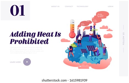 Global Warming Website Landing Page. Tiny Characters Care of Plants on Earth, Factory Pipes Emitting Co2 Gas Smoke, Thermometer Show High Temperature Web Page Banner. Cartoon Flat Vector Illustration