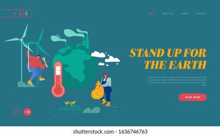 Global Warming Website Landing Page. Man Collect Garbage, Worker Set Up Windmills. People Care of Plants and Earth, Factory Pipes Emitting Co2 Smoke Web Page Banner. Cartoon Flat Vector Illustration