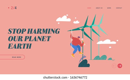 Global Warming Website Landing Page. Worker Doing Maintenance of Windmills. Green City Wind Turbines, Eco-friendly Electricity Ecological Technologies Web Page Banner. Cartoon Flat Vector Illustration