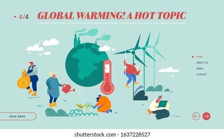 Global Warming Website Landing Page. Human Characters Care of Plants near Earth with Factory Pipes Emitting Smoke, Thermometer Show High Temperature Web Page Banner. Cartoon Flat Vector Illustration