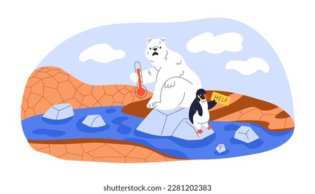 Global warming, world climate changing, ecology concept. Animals and environment in Antarctica in danger. Eco disaster, environmental problem. Flat vector illustration isolated on white background