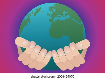 
Calentamiento global en tus manos. Manos sujetando el planeta Tierra sobre fondo azul, púrpura, violeta y rojo
