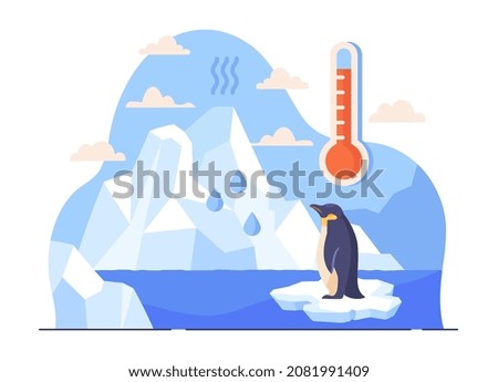 Global warning concept. Penguin standing on ice floe that separates from coast. Metaphor for environmental or nature problems, thermometer shows high temperature. Cartoon flat vector illustration