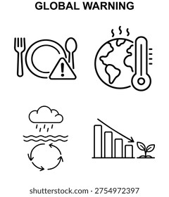 Global warning vector icon set with global warning food crisis overheating earth water cycle disruption and crop decline