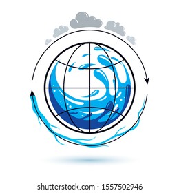 Global water circulation vector logo for use as marketing design symbol. Human and nature coexistence concept.