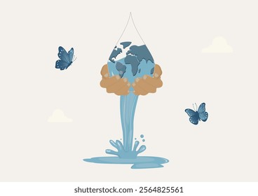 Global Water Conservation Concept with Butterfly Illustration. Earth emerging from water droplet, held by caring hands with butterflies, symbolizing environmental protection and water conservation