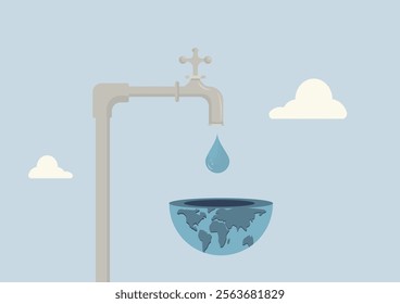 Global Water Conservation Crisis Environmental Concept Illustration. water scarcity with a water tap dripping into half-globe bowl, symbolizing worldwide water conservation and environmental awareness