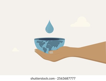 Global Water Conservation. Hand Holding Earth Bowl. hand holding Earth-shaped bowl with water droplet, symbolizing water conservation and environmental stewardship. World water day. Earth day