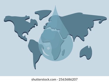 Global Water Conservation World Map Droplet Illustration. world map design overlaid with large water droplet, illustrated in shades of blue, representing global water resources. Flat design vector