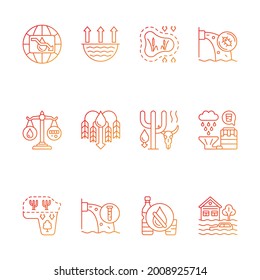 Conjunto de iconos vectoriales lineales de gradiente de crisis hídrica global. Contaminación de los recursos hídricos. Reutilización, reciclaje. Escasez de cultivos. Conjunto de símbolos de contorno de línea delgada. Colección de ilustraciones de esquemas vectoriales aislados