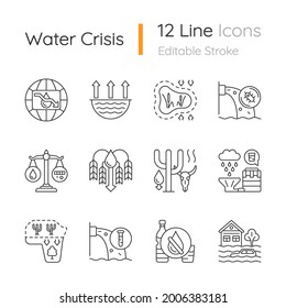 Global water crisis linear icons set. Water resources contamination. Reuse and recycling. Crop shortage. Customizable thin line contour symbols. Isolated vector outline illustrations. Editable stroke