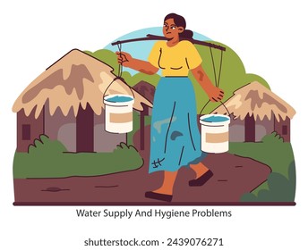 Global water crisis theme. A powerful illustration highlighting the daily trek for clean water, a stark reminder of the ongoing battle for hygiene and sanitation. Flat vector illustration.