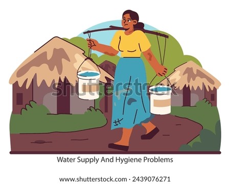 Global water crisis theme. A powerful illustration highlighting the daily trek for clean water, a stark reminder of the ongoing battle for hygiene and sanitation. Flat vector illustration.