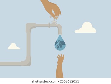 Global Water Scarcity and Conservation. water faucet releasing a droplet with Earth inside, symbolizing global water scarcity, conservation, and resource management. child's hand reaches for water