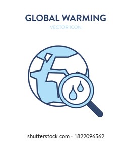Global water search icon. Vector illustration of a globe sphere and a magnifier tool with a water drops on it. Represents concept of finding drinking water, lack of fresh drink, world crisis