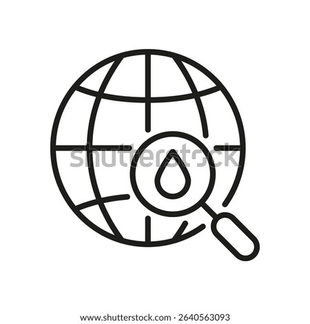 Global Water Search Line Icon. Environmental Resource Exploration And Conservation Outline Symbol. Water Sustainability And Management. Editable Stroke. Isolated Vector Illustration.