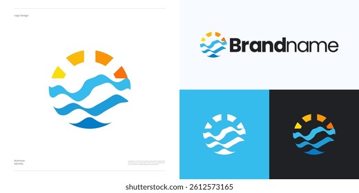 Global waves with sun logo icon design vector element editable, Symbol modern abstract circle beach and sunburs, sea wave sign combination with sunset usable for creative brand identity business
