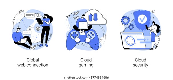 Global web connection abstract concept vector illustration set. Cloud gaming and security, cyber security engineering, network communication, internet, video streaming online abstract metaphor.