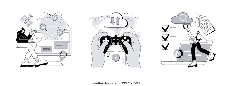 Global web connection abstract concept vector illustration set. Cloud gaming and security, cyber security engineering, network communication, internet, video streaming online abstract metaphor.