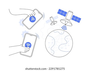 Abstraktes Konzept für globale Web-Verbindung, Vektorgrafik. Globale Netzwerkkommunikation, Satellitenverbindung, Internet, GPS-Technologie, soziale Medien, schnelle Datenübertragung abstrakte Metapher.